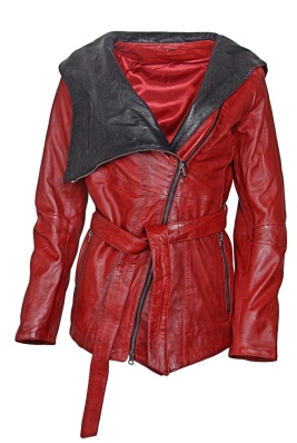 Dámská kožená prodloužená bunda s opaskem a kapucí